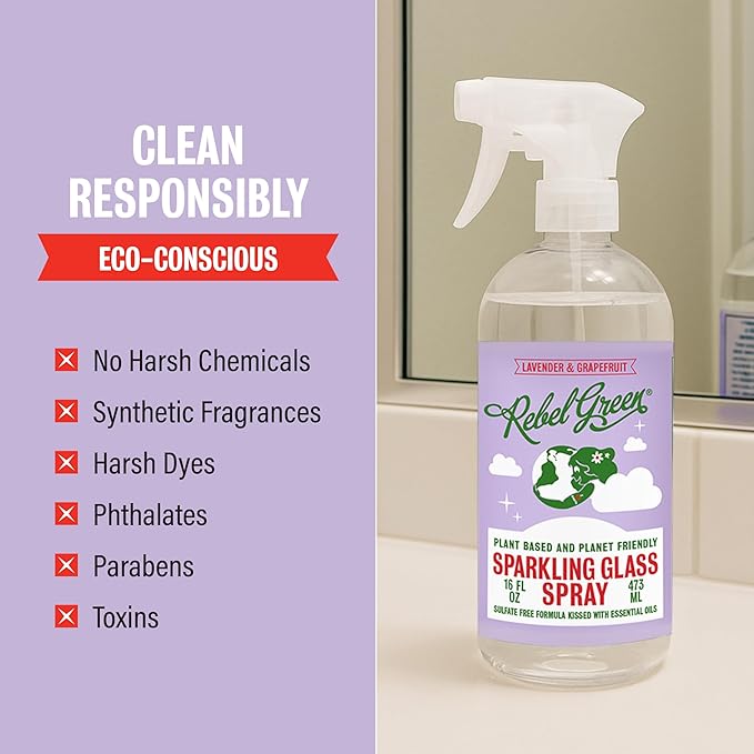 Rebel Green Sparkling Glass Spray - Streak-Free Natural Glass Cleaner for Windows, Mirrors, and Surfaces - Lavender & Grapefruit Scent - 16 oz - 2 Pack