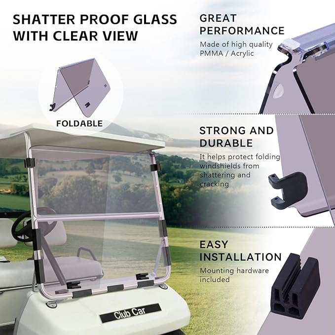 Club Car DS OLD Flip Flop Compact Golf Cart Windshield, Tinted Color, 3/16" Thickness, Fits Club Car DS 1982-2000.5