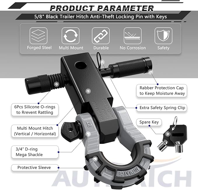 AUTMATCH Shackle Hitch Receiver 2" with 3/4" Mega D Ring Shackle and 5/8" Trailer Hitch Lock Pin, 68,000 Lbs Break Strength Heavy Duty Receiver Towing Kit for Off-Road Vehicle Recovery, Black & Gray
