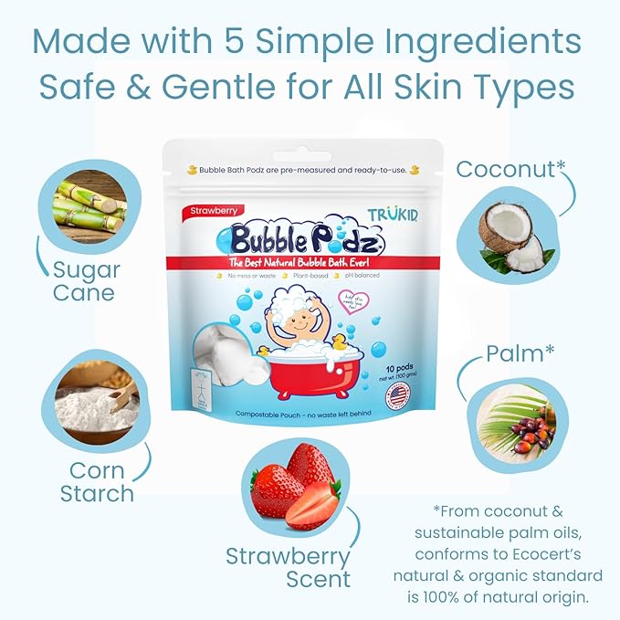 TruKid Bubble Podz Bubble Bath for Kids, Toddlers, & Babies, Tear Free Gentle & Refreshing Bath Bomb for Sensitive Skin with Natural Moisturizers, Non-Toxic, pH Balanced, Strawberry Scent (60 Podz)