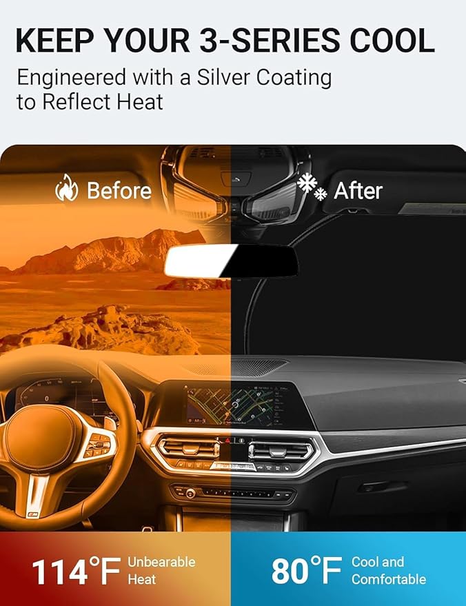 Proadsy 2025 Upgrade Windshield Sun Shade Custom Fit 2019-2024 2025 BMW 3-Series 4-Layer Foldable Front Sunshade Protector Sun Visor Blocks UV Rays Keep Car Cooler