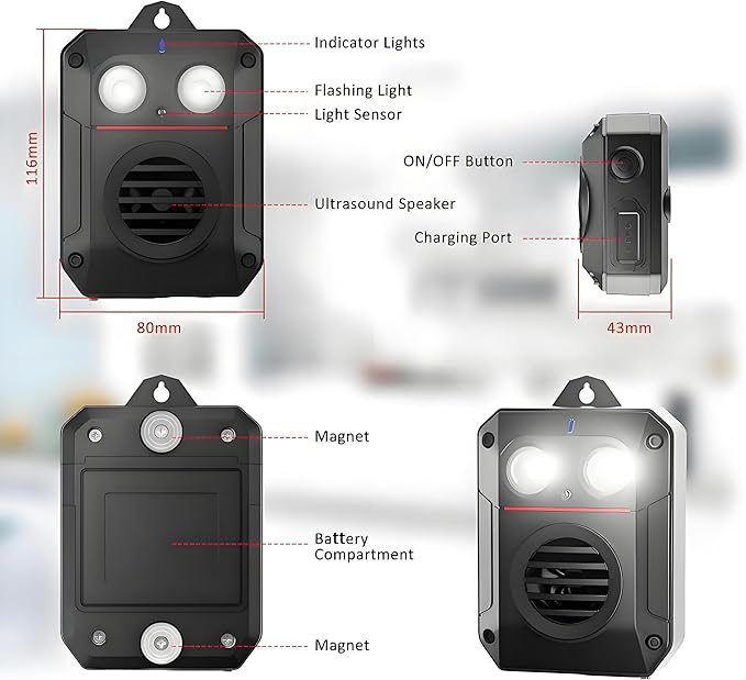 Ultrasonic Rat Repeller, Car Engine Rodent Repeller with Flashlight and Motion Sensor, Waterproof and Battery Operated Rat Deterrent Outdoor for Houses/Gardens/Attics, Against Mice/Rats/Martens
