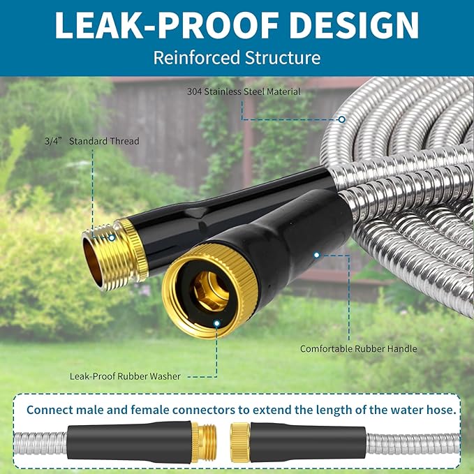 50FT Water Hose with 10 Functions, Adjustable Spray Nozzle, Flexible Durable No Kink Leak Dog Proof Stainless Steel Garden Hose 50FT for Yard Lawn