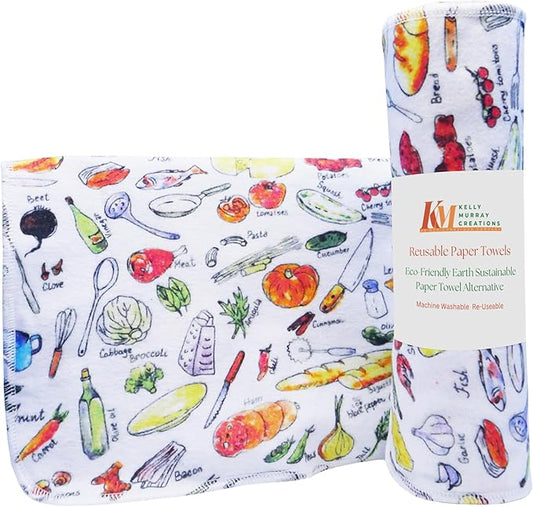 Pack of 10 Reusable Paper Towels | 10x10 Inch Cotton Towels | Kitchen Utensils Print | Eco Friendly, Washable, Quick Drying | Sustainable Cleaning Cloths | Kitcheny