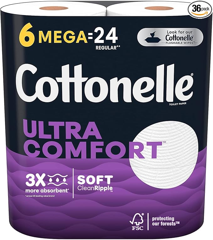 Cottonelle Ultra ComfortCare Toilet Paper, 6 Mega Rolls, Soft Bath Tissue (6 Mega Rolls = 24 Regular Rolls)