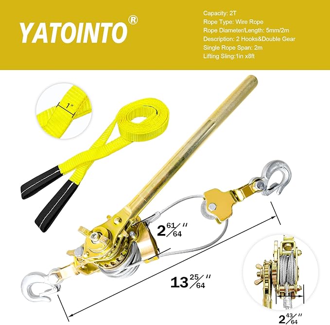 Come Along Winch 2 Ton Pulling Capacity with Two 1"x8ft Lifting Sling 6.56 ft Steel Cable 2 Hooks Hand Power Puller Tool with Dual Gears Automotive Hoist Cable Puller for Lifting Pulling