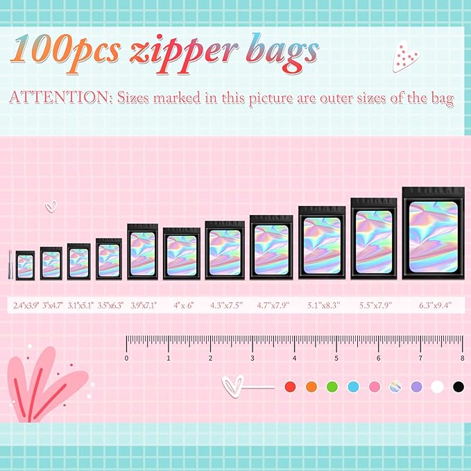Funfery 100 pcs Black Mylar Holographic Bags Packaging Bags,Clear Resealable Bag Foil Pouch Bag for Food Storage and Lipgloss,Jewelry,Eyelash Packaging for Small Business(2.4x3.9Inch)