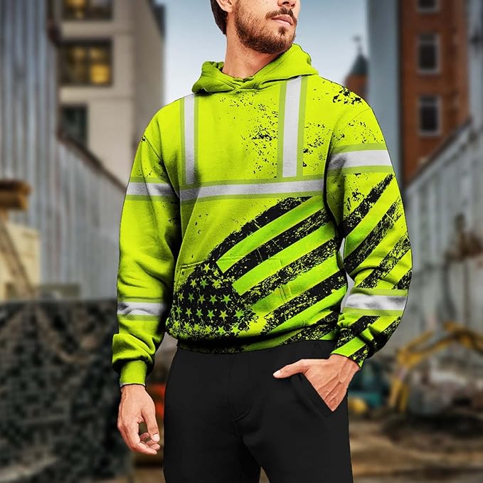 Color US Flag High Visibility Hoodie for Men Women Reflective Tapes Safety Workwear for Worker Runner Patriotic