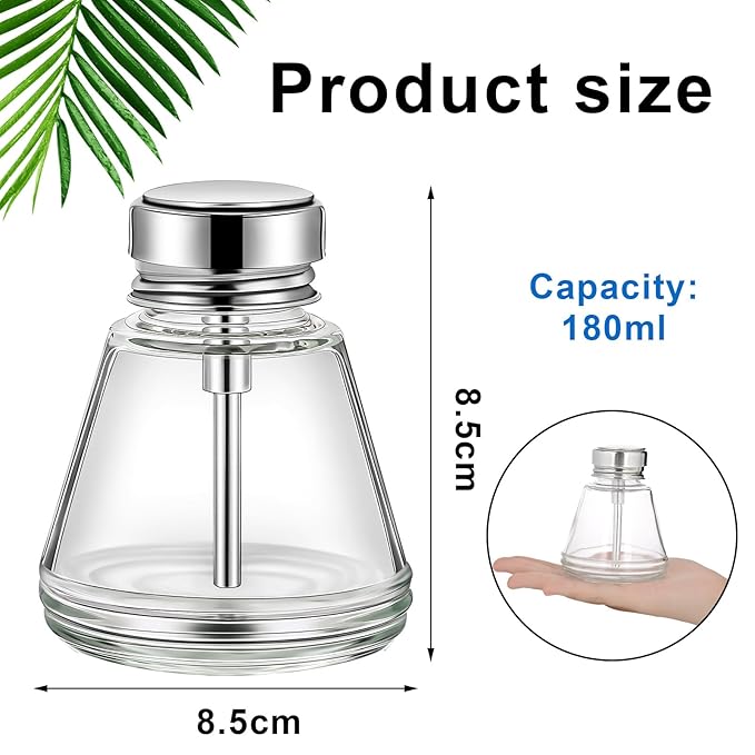 Lallisa 2 Pcs 6 Oz/ 180 ml Pump Dispenser Bottle Empty Push Down Glass Dispenser Bottle with Flip Metal Cap Makeup Remover Alcohol Pump Sanitizer Container for Nail Polish