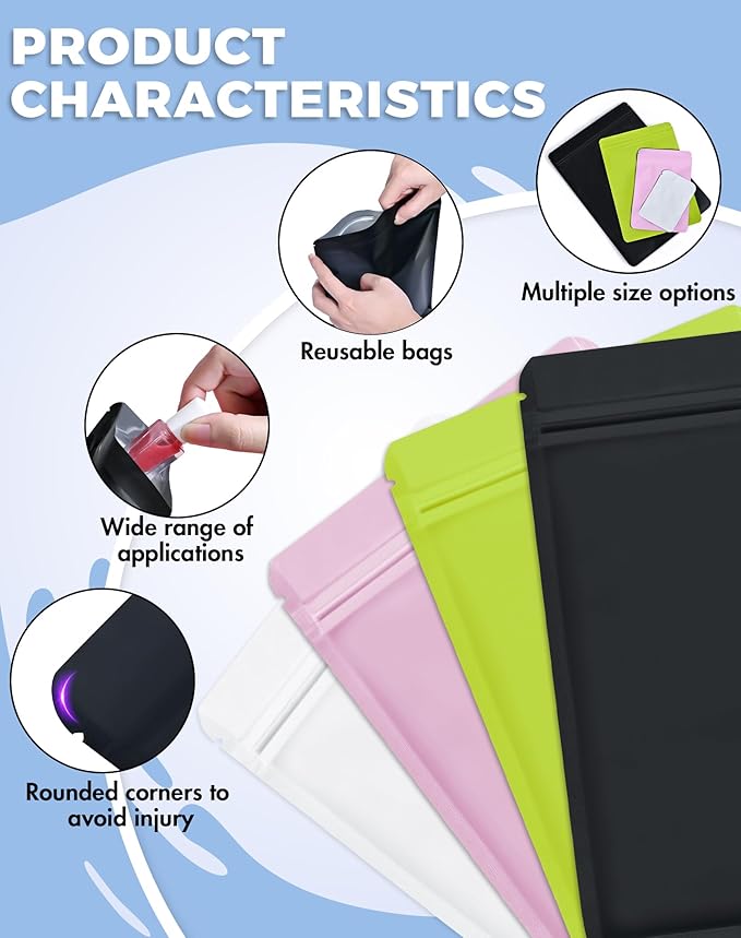 FireKylin 100 Pack Resealable Packaging Bags for Small Business Double-Sided Color Smell Proof Bags for Food Storage Flat Bags (Black, 7.1" x 10.2")