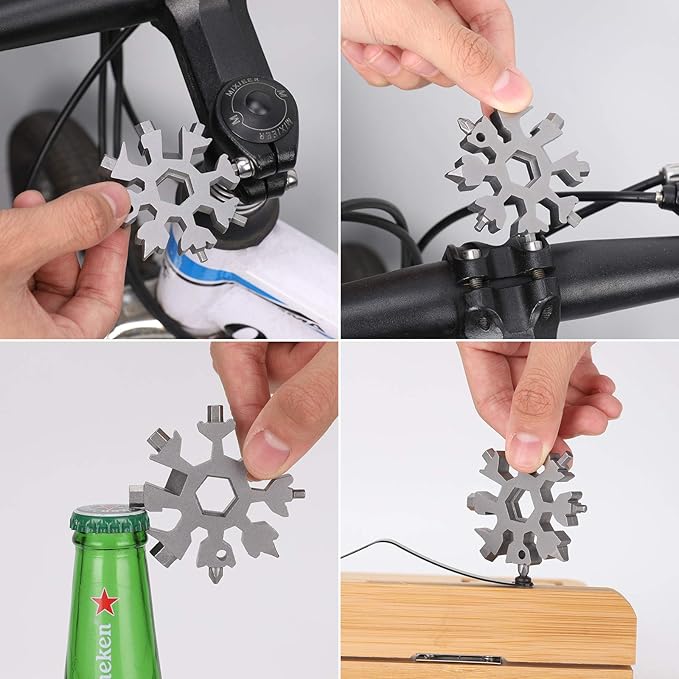18-in-1 Snowflake Multi Tool,Function Stainless Steel Bottle Opener/Wrench, Flat Cross Screwdriver Kit Snowflake, Outdoor Durable and Portable，Great Gift for Mens (silvery)