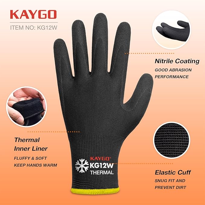 KAYGO 3 Pairs Winter Work Gloves for Men and Women, Thermal Insulated Safety Work Gloves Nitrile Coated, Super Grip on Palm & Fingers, Ideal for Freezer Work, KG12W Black, S