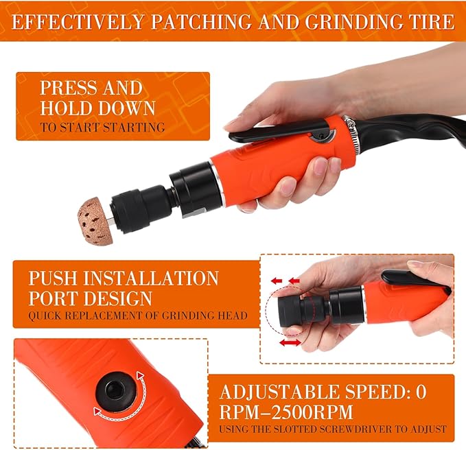 Air Tire Repair Polish Patch Tools Tire Repair Set Include 2500rpm Low Speed Air Tire Buffer Tire Inner Liner Scrapper Patch Roller 3pcs Tungsten Steel Buffing Wheel 42mm 55mm