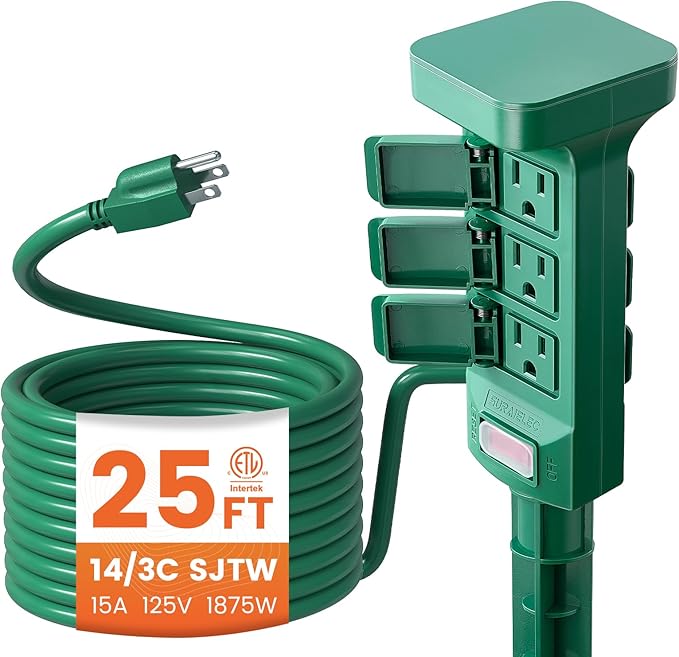 SURAIELEC Outdoor Power Stake Waterproof, 6 Grounded Outlets Power Strip Weatherproof, 25FT Extension Cord Outlet for Yard, Garden, Christmas Light, Patio Lights, 1875W/15A, Green