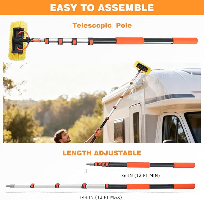 12FT Car Wash Brush with Long Handle Water Fed Telescopic Pole Car Cleaning Tool with 12" Soft Bristle and Hard Bristle Wash Equipment Kit for Car Truck House Glass Roof Solar Panels