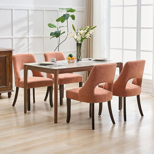 UVV Wooden Dining Chairs Set of 4, Mid Century Modern Upholstered Dining Room Chair Kitchen Chairs, Chenille Dinner Chair with Solid Wood Legs for Kitchen Dining Room, Orange-Chenille