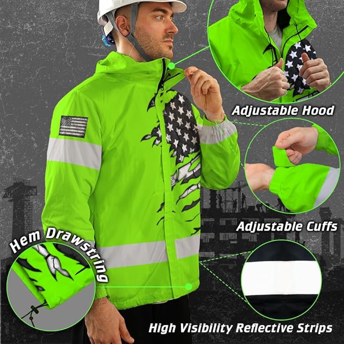 Color US Flag High Visibility Hoodie for Men Women Reflective Tapes Safety Workwear for Worker Runner Patriotic