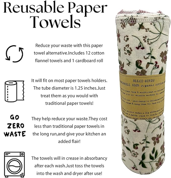 Reusable Paper Towel Rolls 20 Pack,Washable Napkin Cloth Value Set of 4 Colors 20 Pack of Paperless Towel-100% Cotton, Super Soft, Absorbent Made to Last (Blooming)