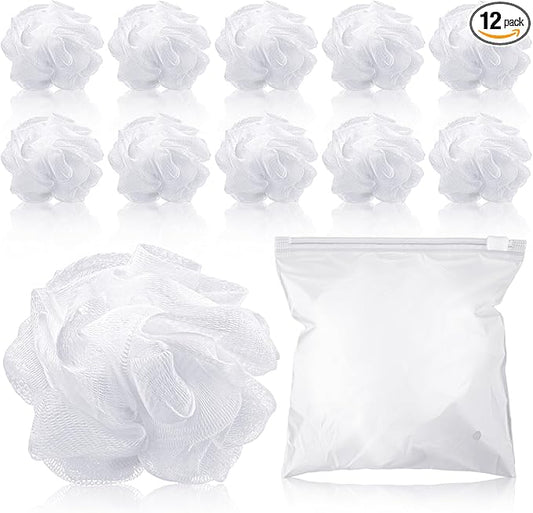 12 Pcs Travel Size Loofah Individually Wrapped, Small Shower Puff Bath Sponge Pouf Ball Bulk Mesh Bath Puff Mini Loofah Sponge with Case Bulk for Shower Care (25g,White)