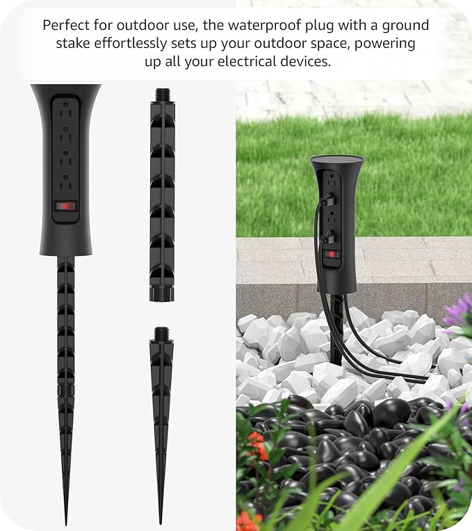 CCCEI Outdoor Power Strip Weatherproof with Stake, Waterproof Extension Cord with Multiple Outlets, Christmas Exterior Garden Decor, Yard, Camping, 4 Plugs, Surge Protector 6FT, Black.