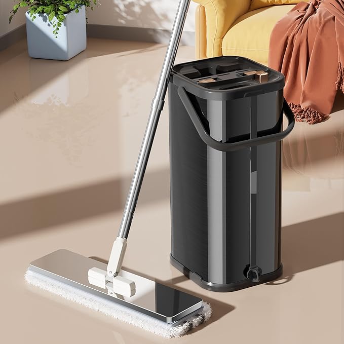Separates Dirty Water Mop, Flat Mop and Bucket for Home with 4 Extra Refills, Stainless Steel Mop and Bucket with Wringer (Black)