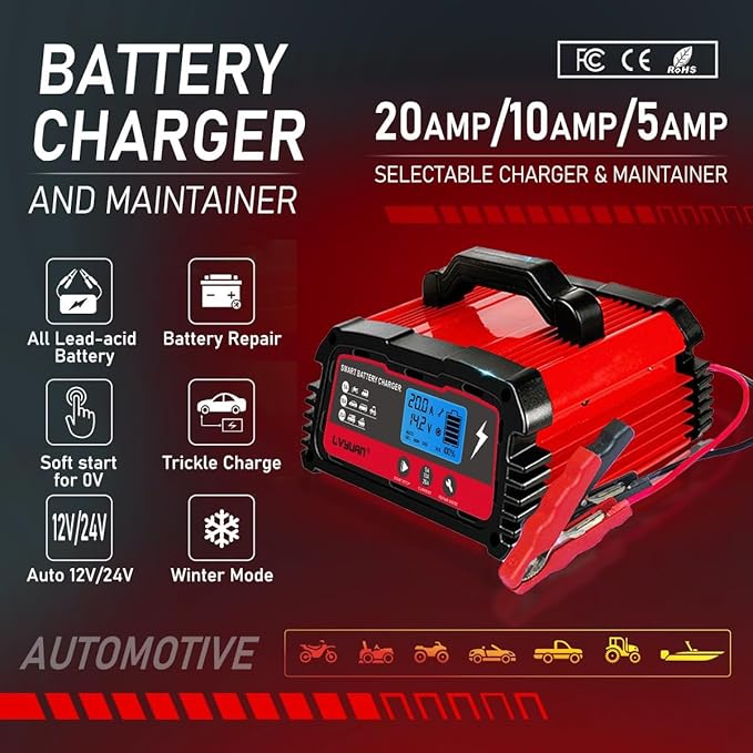 LVYUAN 20A Smart Car Battery Charger, 12V (5/10/20A) and 24V(5/10A) Automotive Charger, Battery Maintainer with LCD Display, Trickle Charger, for Motorcycle, AGM, Lawn Mower and Lead-Acid Batteries