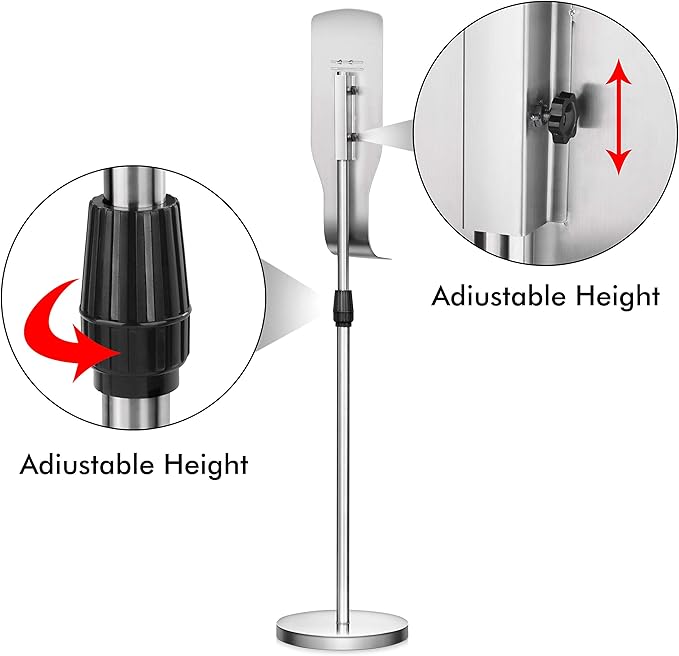 New Star Foodservice 1028881 Freestanding Adjustable Floor Stand for Hand Sanitizer Dispenser with Drip Tray and Weighted Base, Customizable, Stainless Steel, Round Base