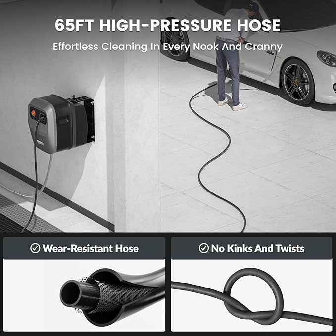 Giraffe Tools Grandfalls Retractable Pressure Washer G20B, 2500 PSI 2.2 GPM, Wall Mounted Power Washer with 65FT Hose Reel, Black Pressure Hoses, 4 Nozzles for Floor/Cars/Fences/Patios, Dark Silver