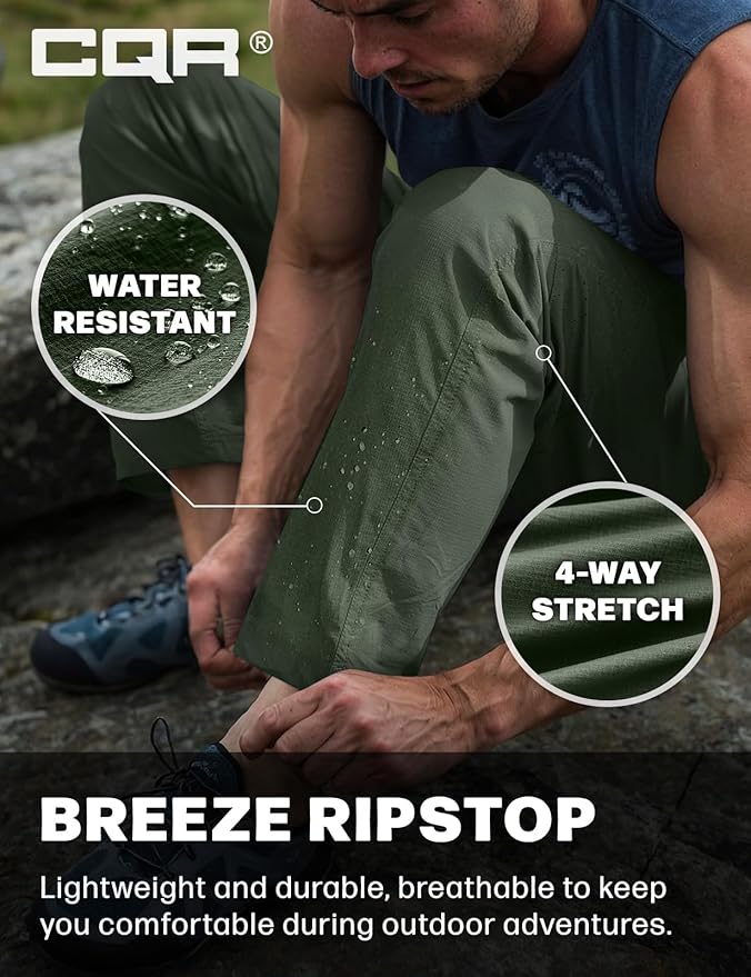 CQR Men's Lightweight Vent Hiking Pants, Water-Resistant & Breathable Sports Outdoor Athletic Pants with Elastic Waist
