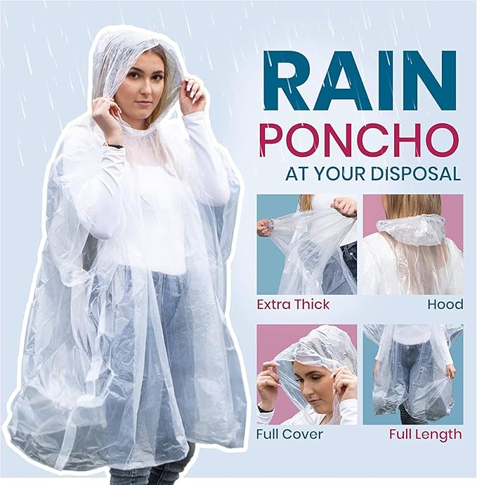 20-Pack Emergency Disposable Rain Ponchos for Adults – 100% Waterproof with Hood | Clear Lightweight Unisex Raincoats for Camping, Hiking & Travel