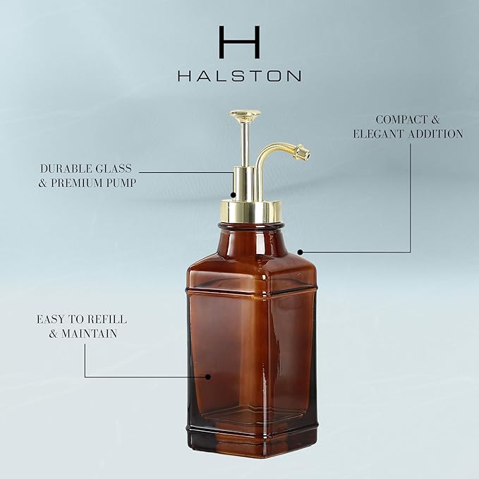 Amber Glass Soap Dispenser with Brushed Gold Pump Dispenser, Modern Refillable Pump for Bathroom, Kitchen, or Office, Elegant Accent Piece for Interior Decoration