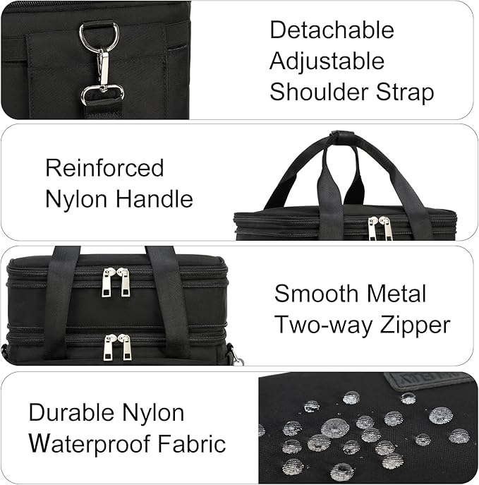 Lunch Box for Men Women - Double Deck Insulated Lunch Bag, Large Leak Proof Tote Cooler, Wide Open Dual Compartment Lunch Bags with Shoulder Strap, For Work Picnic Hiking Beach, Black