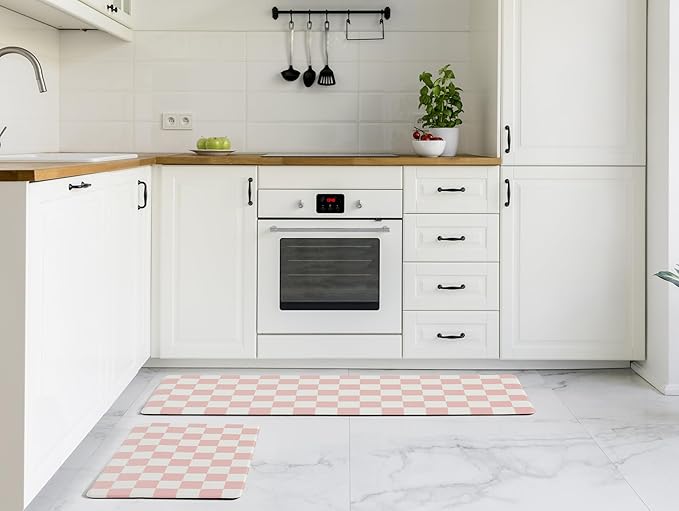 Pink Checkered Kitchen Mats for Floor Set of 2, 2 Pcs Cushioned Non Slip Runner Rugs for Kitchen/Sink/Laundry, Comfort Aesthetic Cute Anti-Fatigue Foam Floor Mat 17.3"x29.5"+17.3"x47.2"