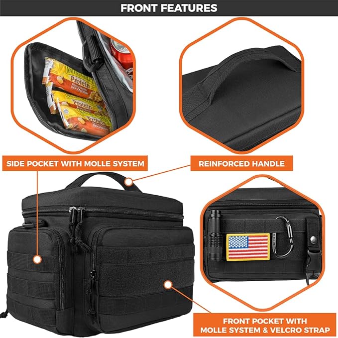 opux Tactical Lunch Box for Men, Black Mens Insulated Lunch Bag for Adult, Leakproof Soft Lunch Cooler with MOLLE Mesh Side Pockets, Multicam Heavy Duty Lunchbox Pail for Work Women, Large, 18 Cans