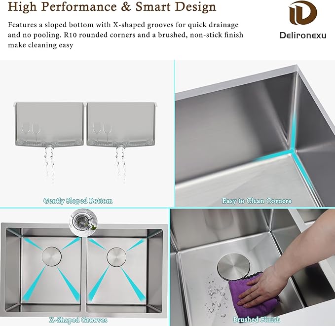 32 Inch Double Bowl Kitchen Sinks Undermount – Delironexu 16 Gauge Stainless Steel Kitchen Sink Double Bowl, 32x18 Undermount kitchen Sink with Brushed Finish, 50/50 Double sink