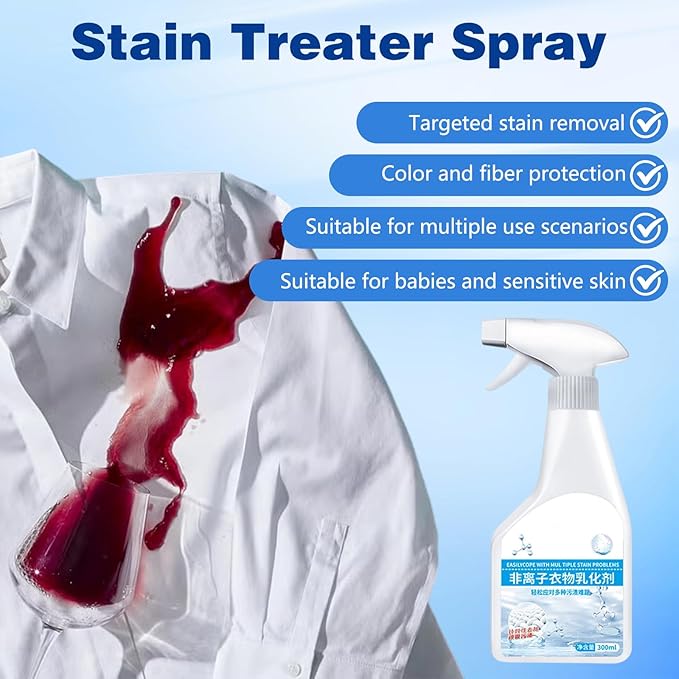 Wondolla Stain Remover, Stain Treater Spray, White Shirt Guardian Dry Clean Spray, Clothes Oil Laundry Cleaning Remover, Strong Decontamination for Grease/Oil/Food on Clothes and Shoes (1PC,300ML)