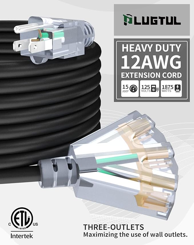 15Ft 12 Gauge Outdoor Extension Cord with 3-Outlets, 2 Pack, Heavy Duty 3 Prong Extension Cord Waterproof with Lighted end, 15A SJTW, ETL Listed, Black