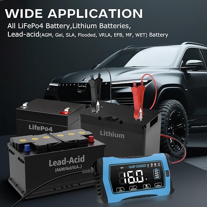 16 AMP Battery Charger, 6V/12V/24V Smart Car Battery Charger, Trickle Charger, Fully Automatic Chargers and Maintainer for Car, Motorcycle, Lawn Mower, Lead-Acid, Lithium, LiFePo4 Batteries
