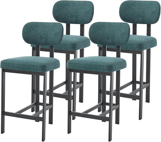 Modern Counter Stools Set of 4, 26" Upholstered Barstools with Back, Sturdy Black Metal Legs Dining Stools with Footrest for Home Pub Kitchen, Green