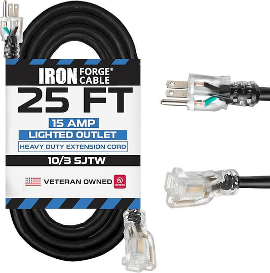 Iron Forge Cable 25 ft Lighted Outdoor Extension Cord - 10/3 SJTW Heavy Duty Black Extension Cable with 3 Prong 15 AMP Grounded Plug for Safety