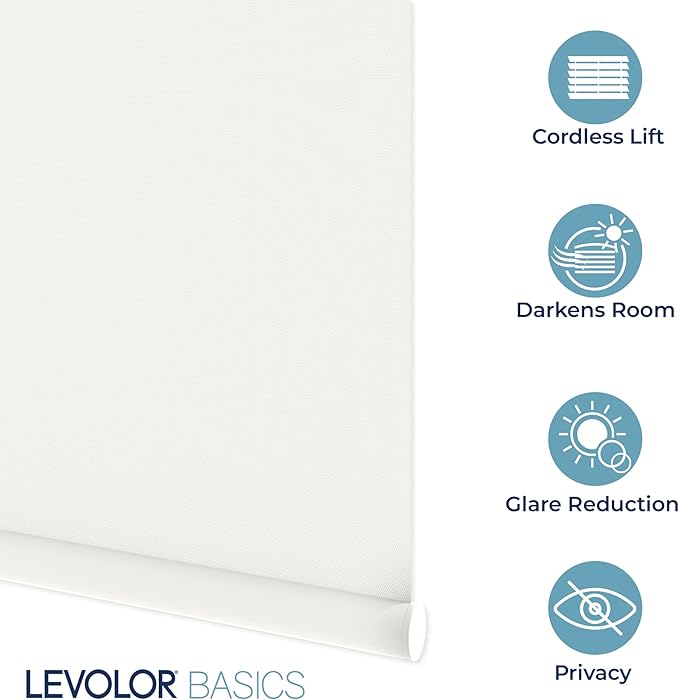 LEVOLOR Basics Cordless Fabric Roller Shade, Easy to Install Blackout Shades for Windows, Neutral White, Fits up to 35” Width and 72” Length, Home Solution for Any Space or Room Decor