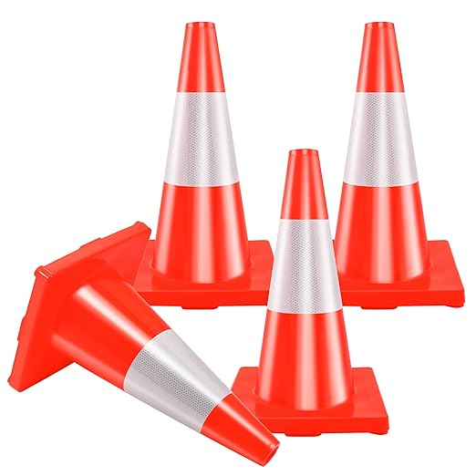 RELIANCER 4PCS 18" Traffic Cones PVC Safety Road Parking Cones Weighted Hazard Cones Construction Cones for Traffic Fluorescent Orange w/4" Reflective Strips Collar