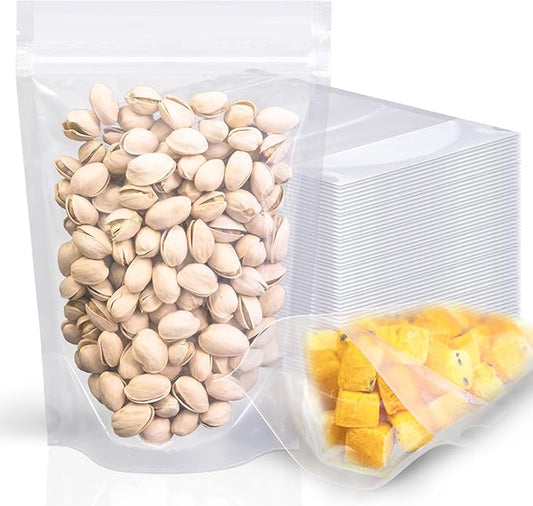 50 Pcs 7.9"X5.5" Clear Stand Up Zipper Seal Bgas,Reuseable Plastic Pouch for Food Storage, Transparent Sealing Food Pouches Snack Packing,Cookie,Snack,Spices,Pet Food and Drinking