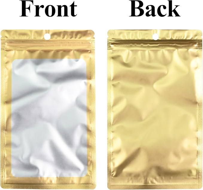 100 Pack Resealable Plastic Bags for Food Storage, Zipper Bags with Clear Front Window, Packaging Pouch for Small Business (Gold, 4.7x7.9 inch)
