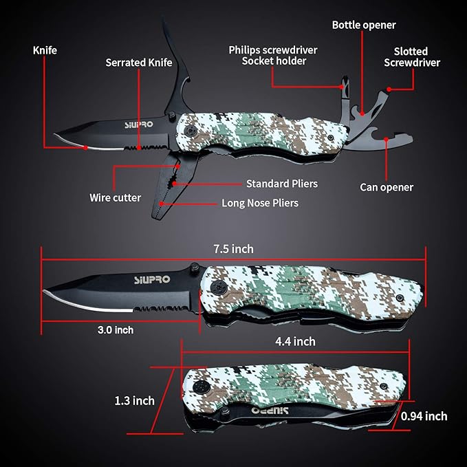 Multitool Pocket Knife Set for Men, Multipurpose 9-in-1 screwdriver kit, Multi Tool Pliers with Nylon Sheath for Camping, Christmas Stocking Stuffers Gifts for Dad Husband, Camo