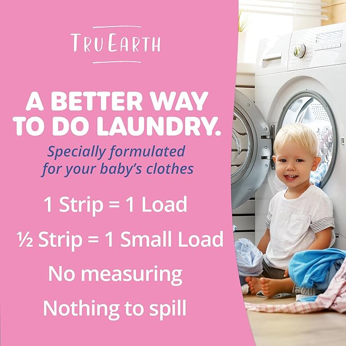 Tru Earth Hypoallergenic Baby Laundry Detergent Sheets/Strips for Sensitive Skin, 64 Count, Up to 128 Loads: Fragrance Free Baby Detergent Laundry Newborn, Children