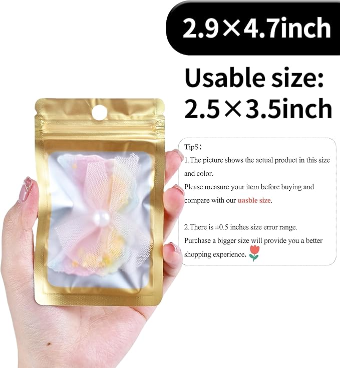 100 Pack Resealable Plastic Bags for Food Storage, Zipper Bags with Clear Front Window, Packaging Pouch for Small Business (Gold, 2.9x4.7 inch)