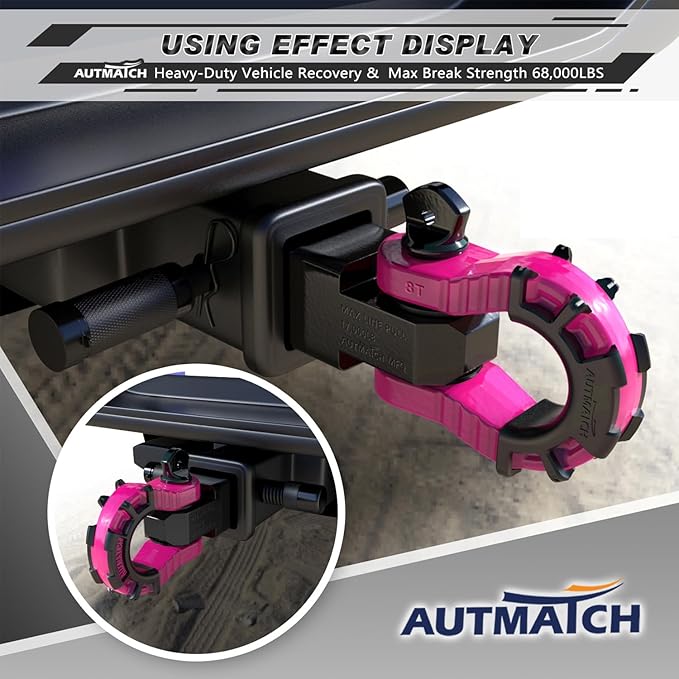 AUTMATCH Shackle Hitch Receiver 2" with 3/4" Mega D Ring Shackle and 5/8" Trailer Hitch Lock Pin, 68,000 Lbs Break Strength Heavy Duty Receiver Towing Kit for Off-Road Vehicle Recovery, Black & Pink