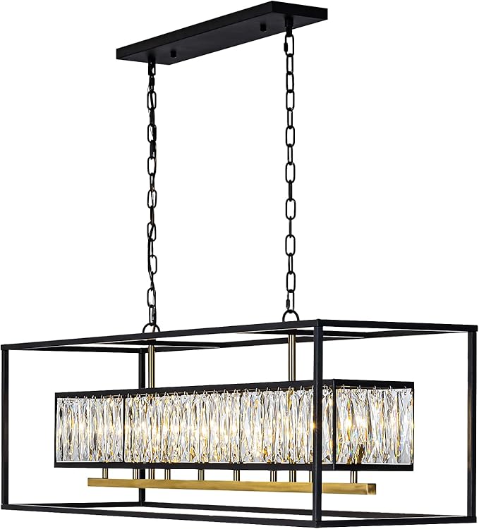Large Modern Crystal Chandelier for Dining Room Black Rectangle K9 Crystal Raindrop Chandelier 8 Lights Rectangular Contemporary Ceiling Light Fixture for Kitchen Island Living Room L42''