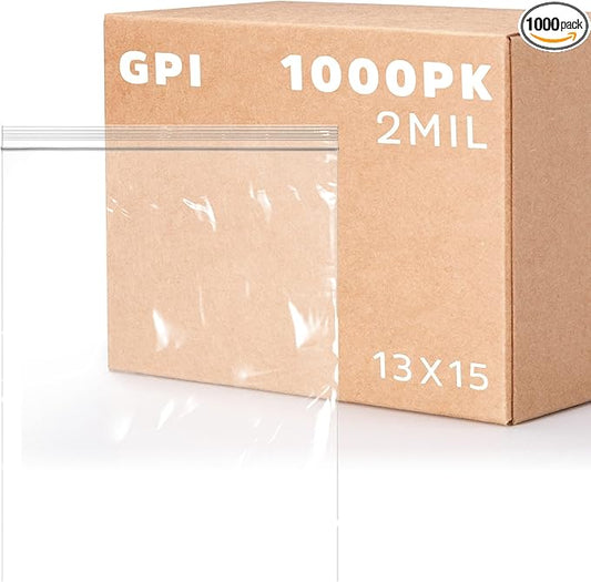 GPI Case of 1000, 2 Gallon, 13" x 15", Clear Plastic Reclosable Zip Bag - Bulk 2 Mil, Large, Strong & Durable Poly Baggies with Resealable Zip Top Lock for Travel, Storage, Packaging & Shipping.